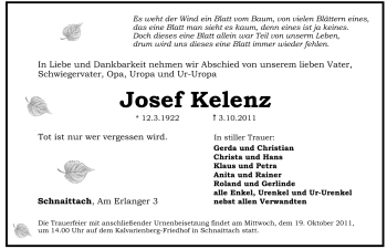 Traueranzeige von Josef Kelenz von Pegnitz-Zeitung